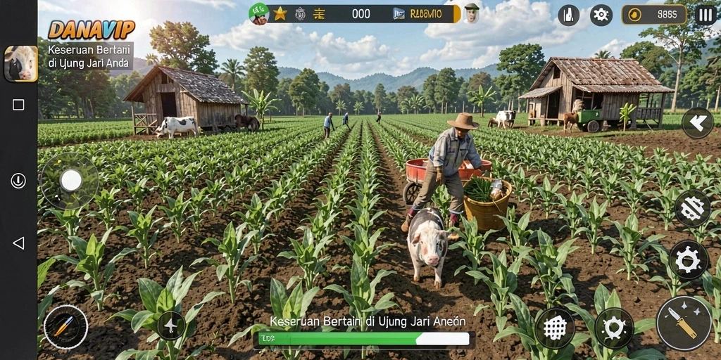 Tampilan gameplay DANAVIP yang menarik dengan berbagai tanaman dan aktivitas bertani.