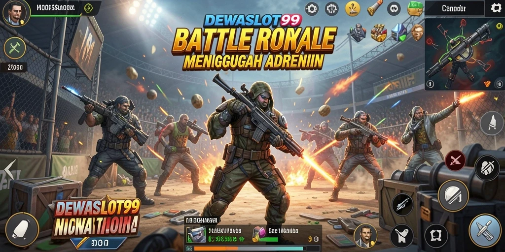 Screenshot gameplay DEWASLOT99 menampilkan pertempuran seru di medan Battle Royale.