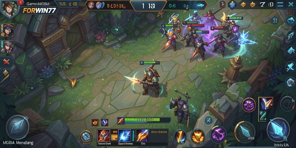 Screenshot utama FORWIN77 menampilkan aksi intens dalam pertempuran MOBA.