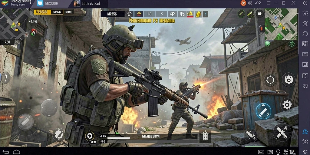 Screenshot dari gameplay MZ356 yang menunjukkan aksi tembak-menembak intens.