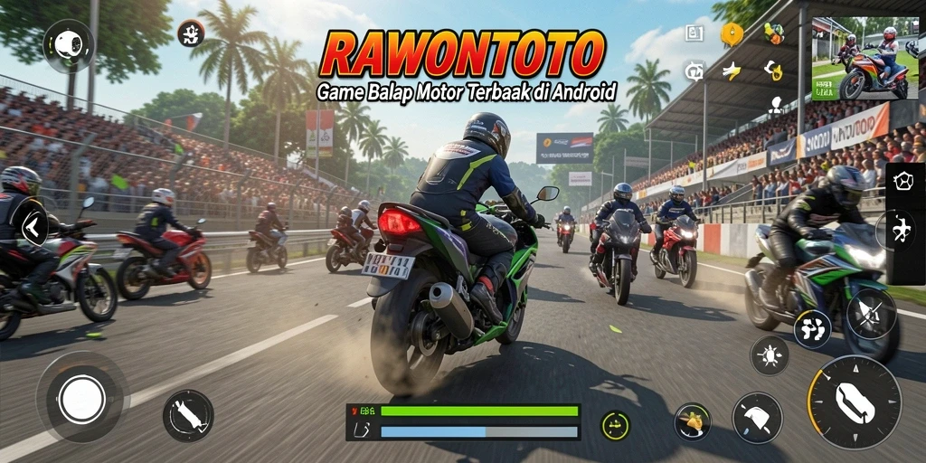 Gameplay seru dalam RAWONTOTO dengan balapan motor yang menegangkan.